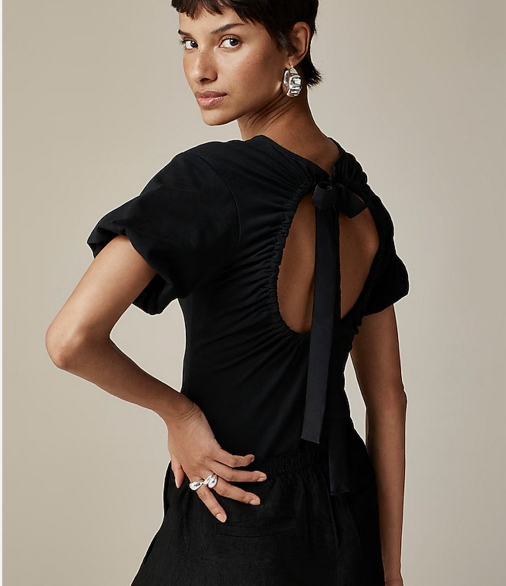 J Crew Open Back Puff Sleeve Top In Stretch Cotton Blend Womens XS Black